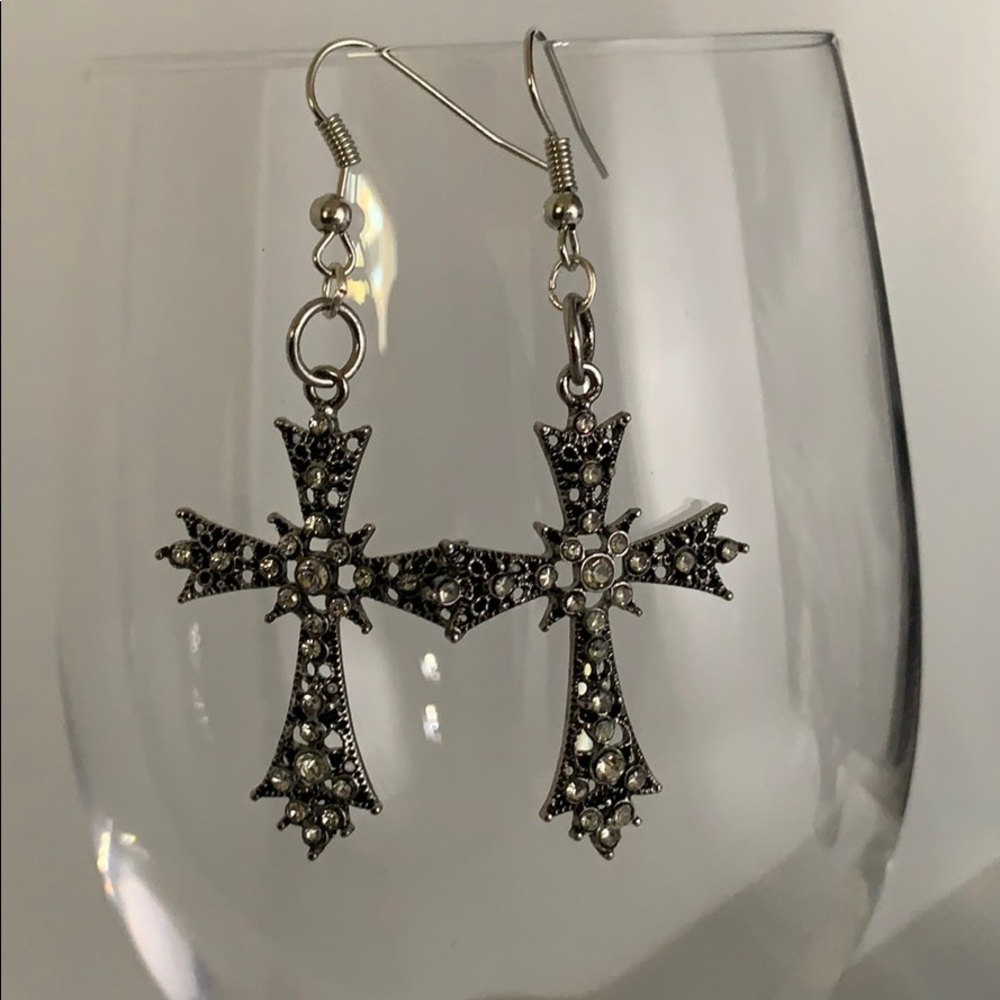 Silver cross earrings with crystals